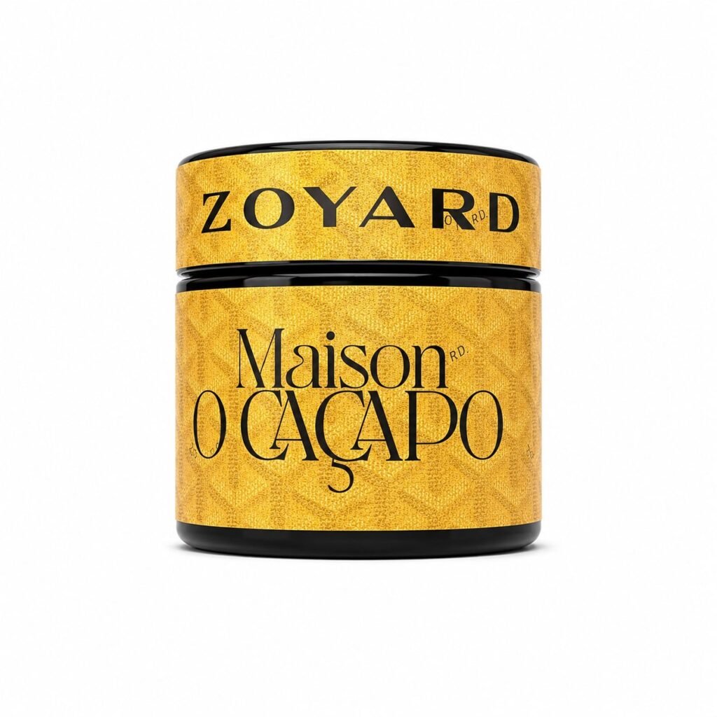 Zoyard Gold Herbe de Luxe jar by Maison O Caçapo featuring golden chevron texture and black accents symbolizing luxury Paris‑Fornia craftsmanship.