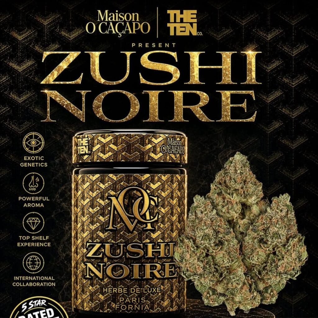 Maison O Caçapo × The Tenco Zushi Noire Herbe de Luxe tin and premium cannabis buds in black‑and‑gold packaging with luxury geometric pattern and Paris‑Fornia branding.
