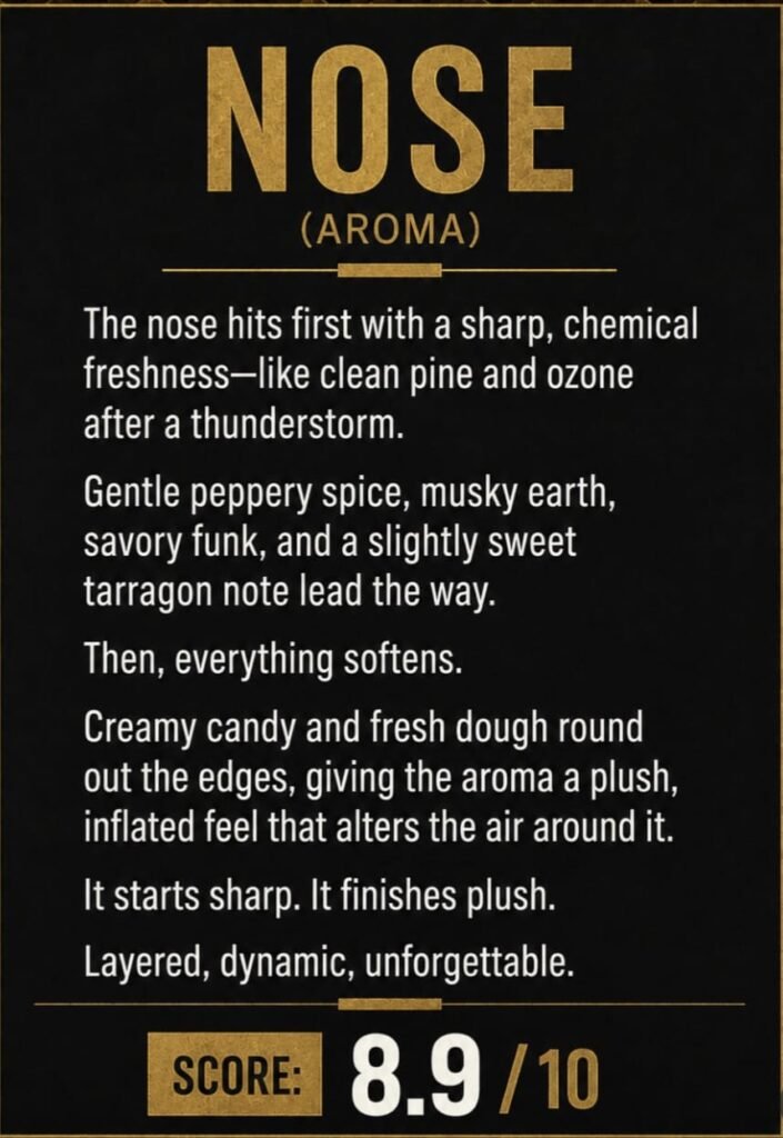 Zushi Noire Nose (Aroma) review card showing a score of 8.9 out of 10 with descriptive notes of pine, ozone, peppery spice, musky earth, and creamy candy tones representing the award‑winning Maison O Caçapo × The Ten Co collaboration.