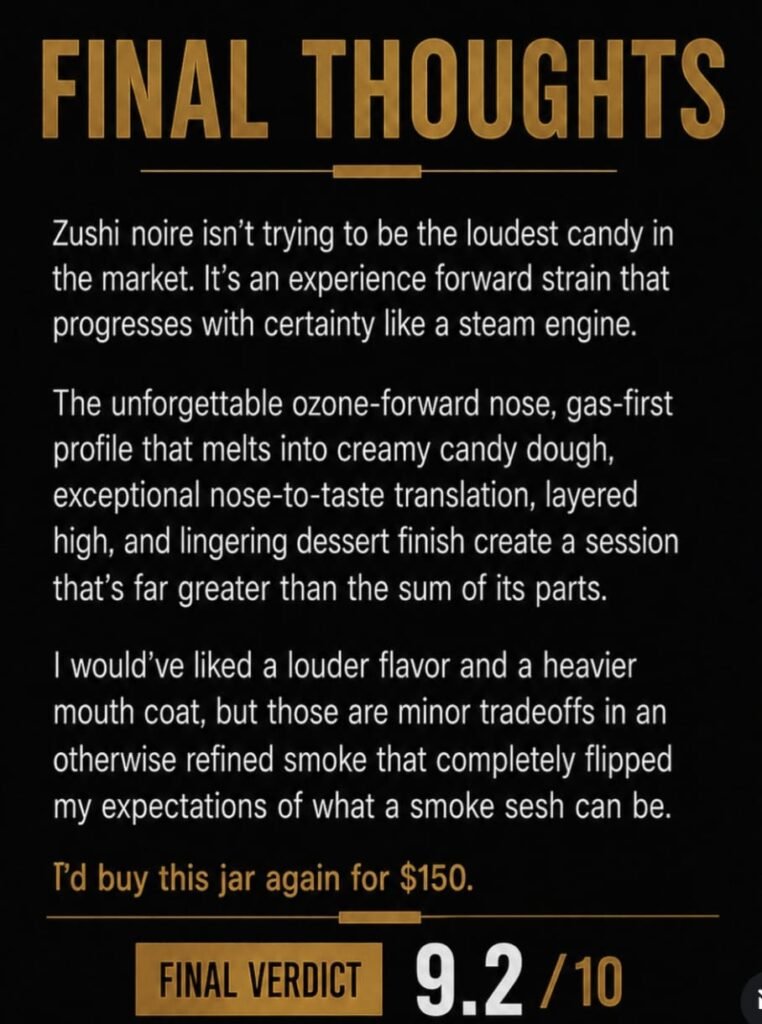 Zushi Noire Final Thoughts review card showing a score of 9.2 out of 10 with text describing its ozone‑forward nose, gas‑first profile, and creamy candy finish — a refined Maison O Caçapo × The Ten Co collaboration honored at the 2026 Zalympix