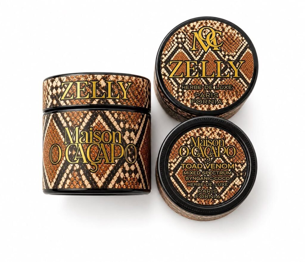 Maison O Caçapo Zelly (Toad Venom) Herbe de Luxe jars with snakeskin pattern and gold typography.