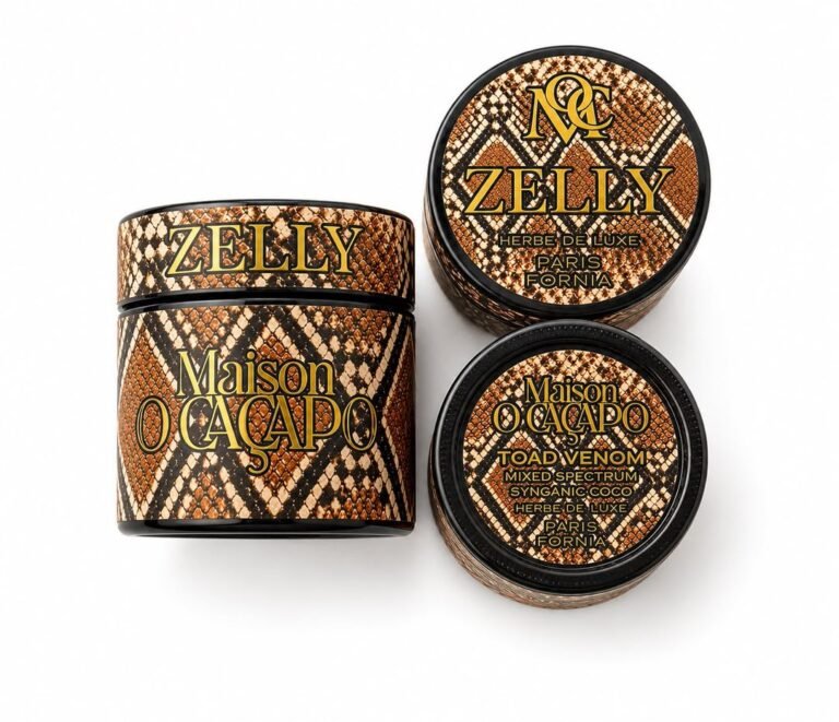 Maison O Caçapo Zelly and Toad Venom snakeskin pattern boutique THCa jars collection display