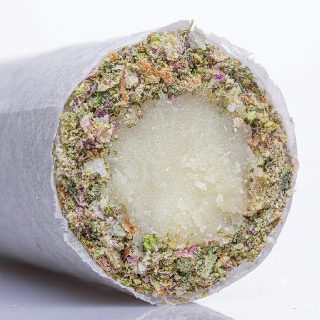 Maison O Caçapo artisanal hash hole cross-section displaying concentrated terpene core and hand-trimmed flower