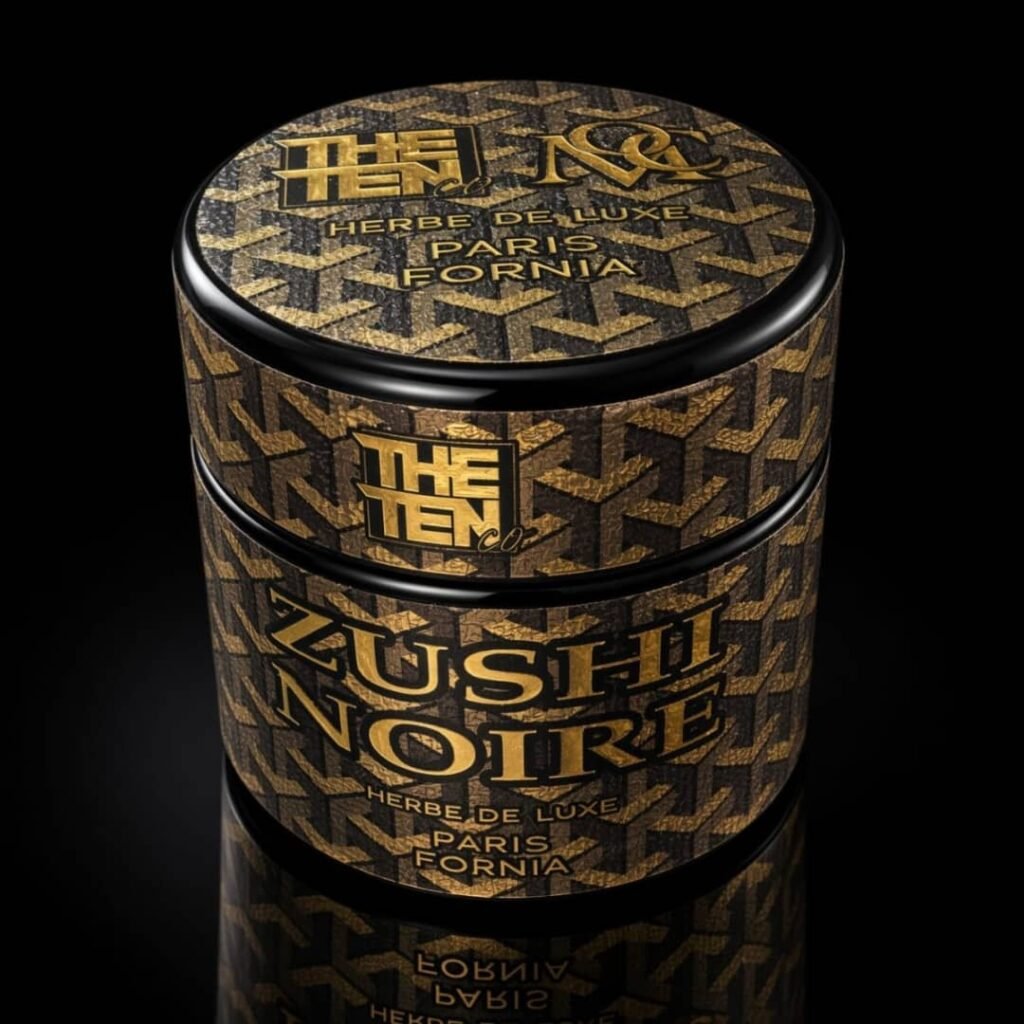 Zushi Noire Herbe de Luxe Paris‑Fornia jar by Maison O Caçapo × The Ten Co, featuring gold typography and luxury patterned packaging design.