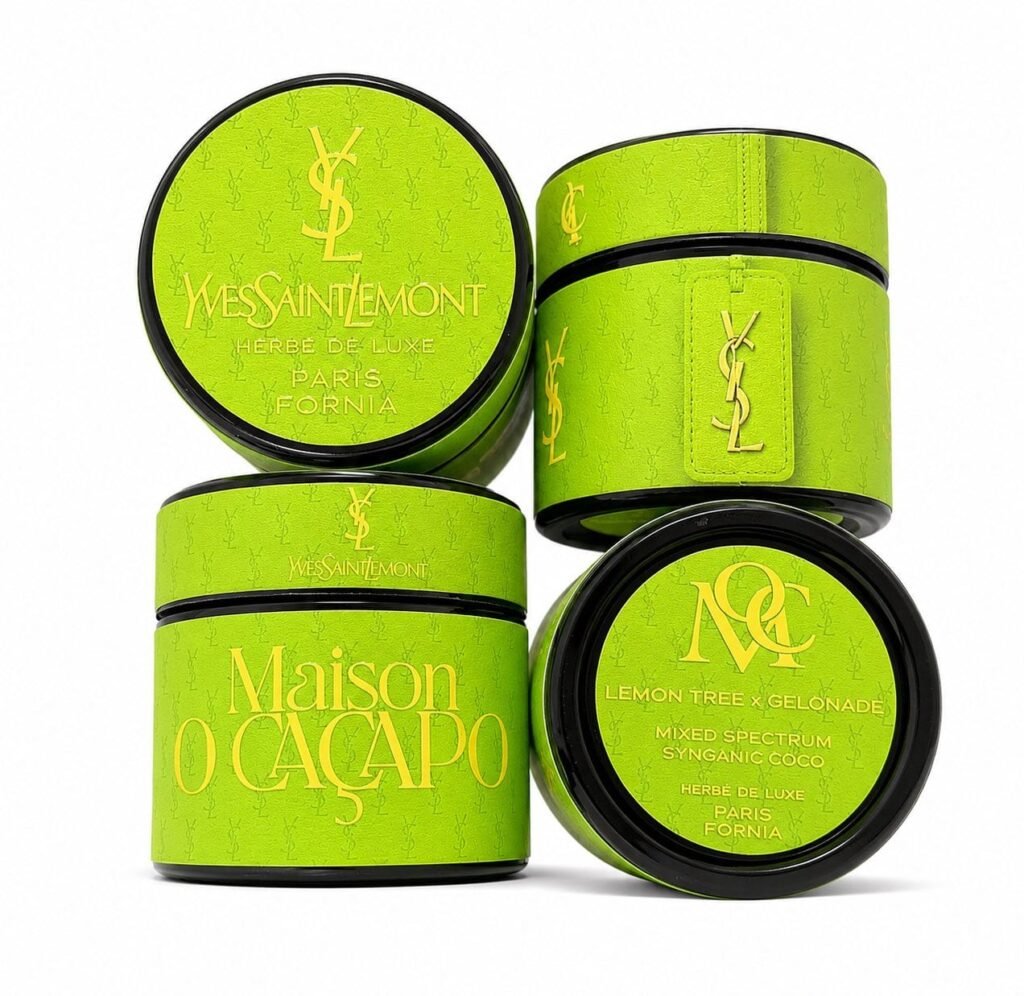 Maison O Caçapo YvesSaintLemont luxury cannabis jars featuring a bright green colorway, Lemon Tree x Gelonade lineage, and Herbe De Luxe Paris-Fornia branding.