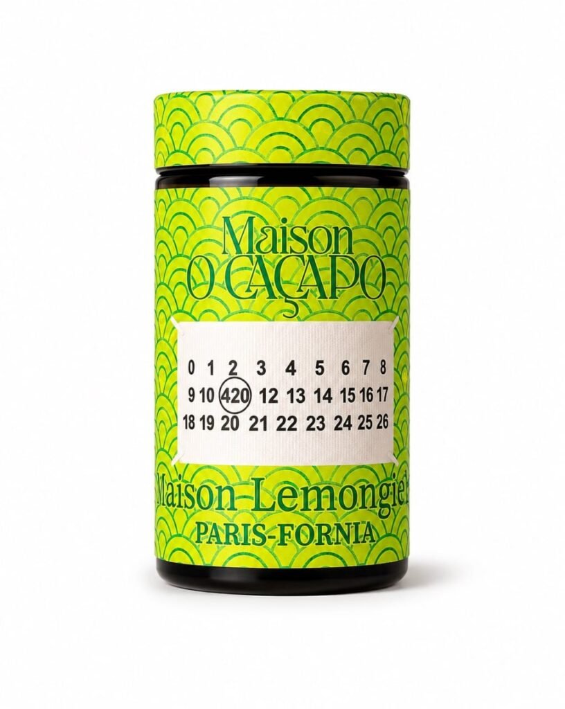 Maison O Caçapo Orangiela luxury cannabis packaging featuring a bright green wave pattern, (UK Cheese x Crumbled Lime) x Lemon OZ lineage, and Herbe De Luxe Paris-Fornia branding