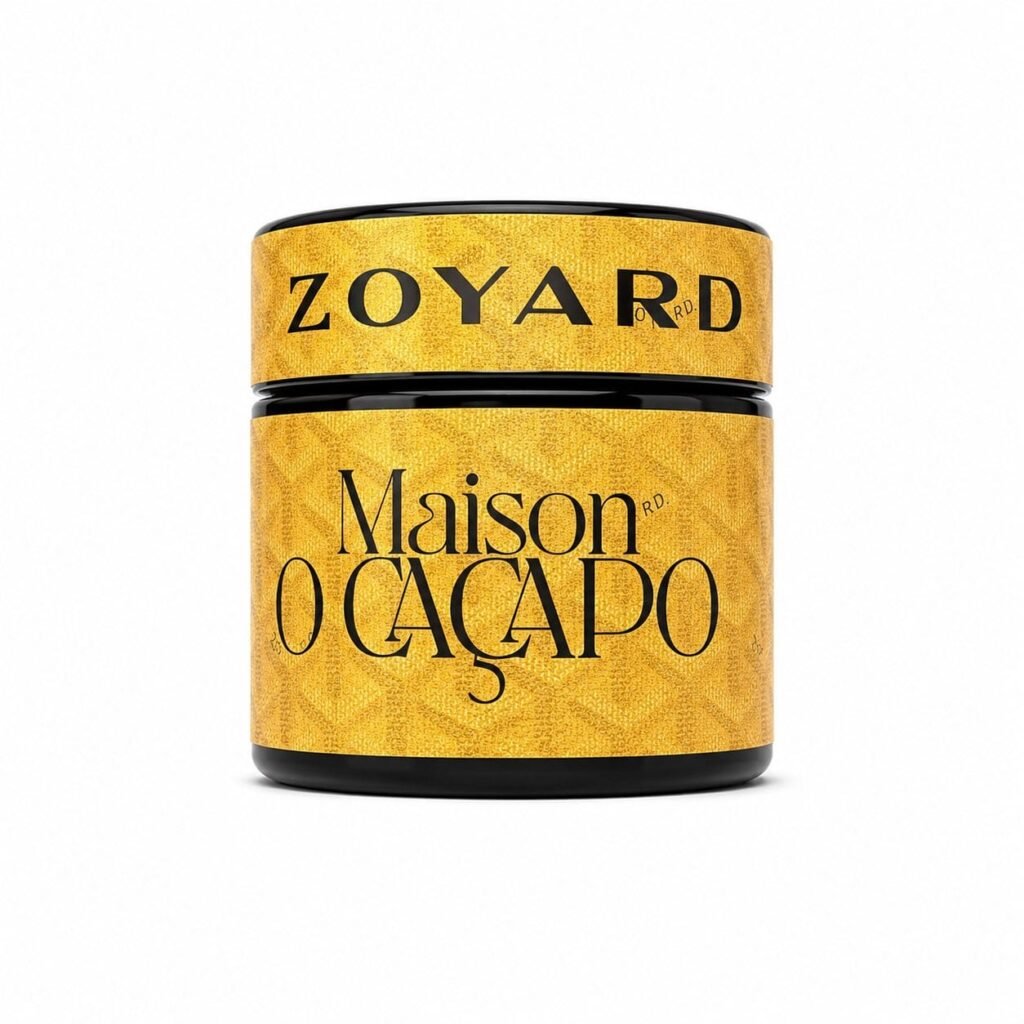 Maison O Caçapo Yellow Zoyard  THCa luxury cannabis packaging featuring a vibrant gold designer pattern, couture phenotype lineage, and Herbe De Luxe Paris-Fornia branding