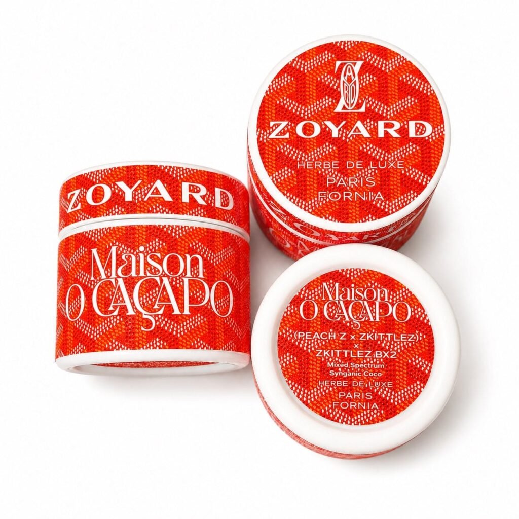 Maison O Caçapo Red Zoyard luxury cannabis packaging in a vibrant red designer pattern, featuring the (Peach Z x Zkittlez) x Zkittlez BX2 lineage and Herbe De Luxe Paris-Fornia branding.