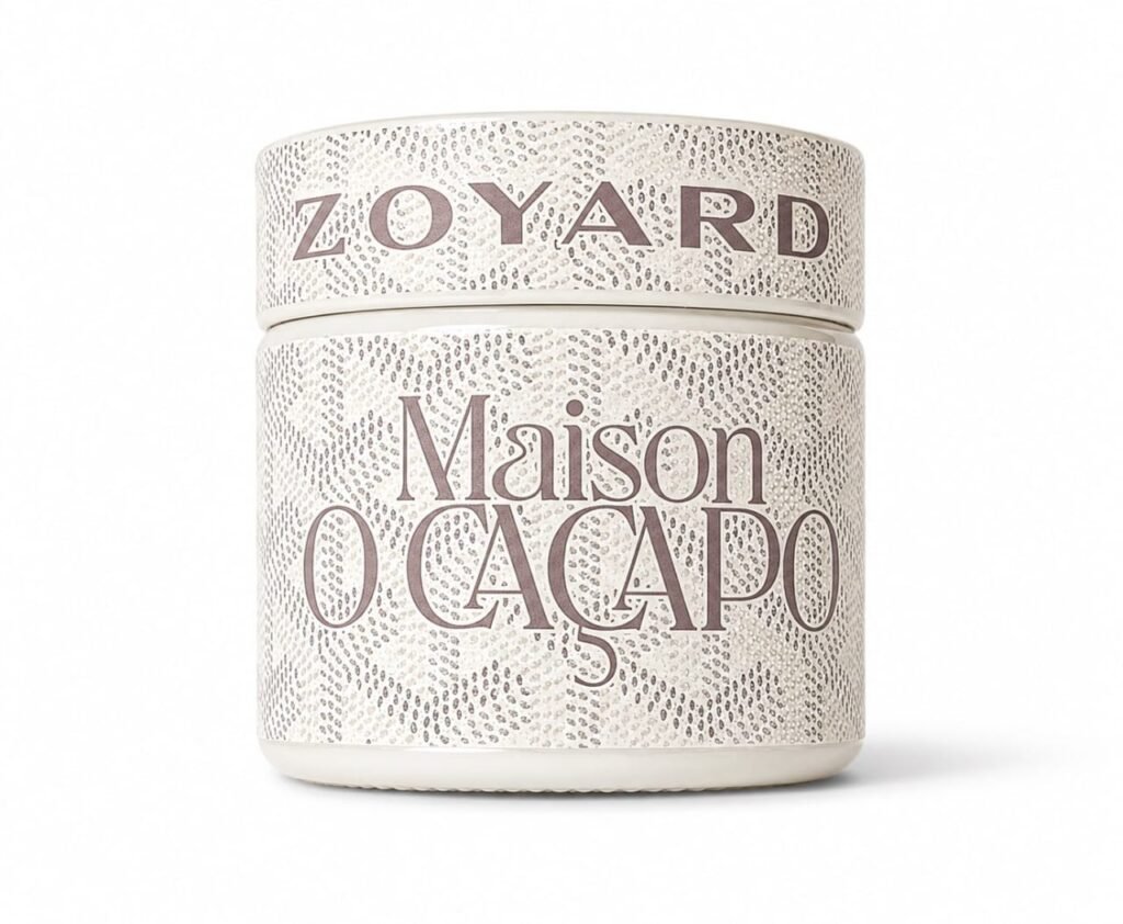 Maison O Caçapo Off-White Zoyard luxury cannabis jar featuring a sophisticated neutral off-white designer pattern, Zoyard and Maison O Caçapo branding, and Herbe De Luxe Paris-Fornia standards.