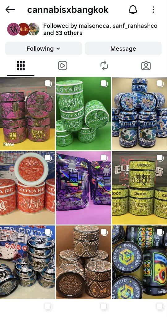 Instagram grid for Cannabis X Bangkok showcasing Maison O Caçapo designer jars including Zoyard green, Zivemchy pink, and Croco yellow releases.