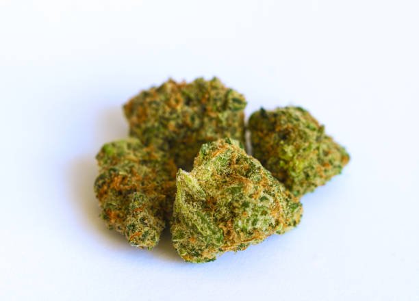 Close-up studio view of cured green and amber-dusted pink strain cannabis flower buds isolated against a clean white background