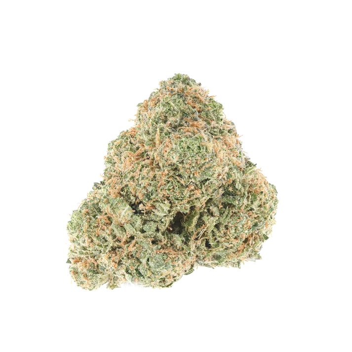 A macro photograph of a single, dense cannabis flower bud, isolated against a solid black background. The nug exhibits a light green color with a heavy coating of frosty trichomes and numerous thin, light orange pistils.