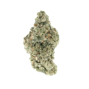 A high-resolution, professional studio photograph of a single, large, dense cannabis nug, based on image_2.png, floating against a clean white background. The nug retains its distinct light green color, heavy frosty trichome coverage, and interspersed thin orange hairs, but is perfectly illuminated to show maximum clarity and depth of the resin glands. The perspective is slightly adjusted to a 3/4 front view, offering a clear look at the complex structure and deep calyx formation without the partial blur from image_2.png. The focus is razor-sharp across the entire surface of the bud, which is free from the small black specks previously seen. The lighting is soft, diffused, and even, highlighting every crystalline detail. The bud casts a subtle, soft shadow directly beneath it on the white surface, giving it depth. The composition is centered and balanced.